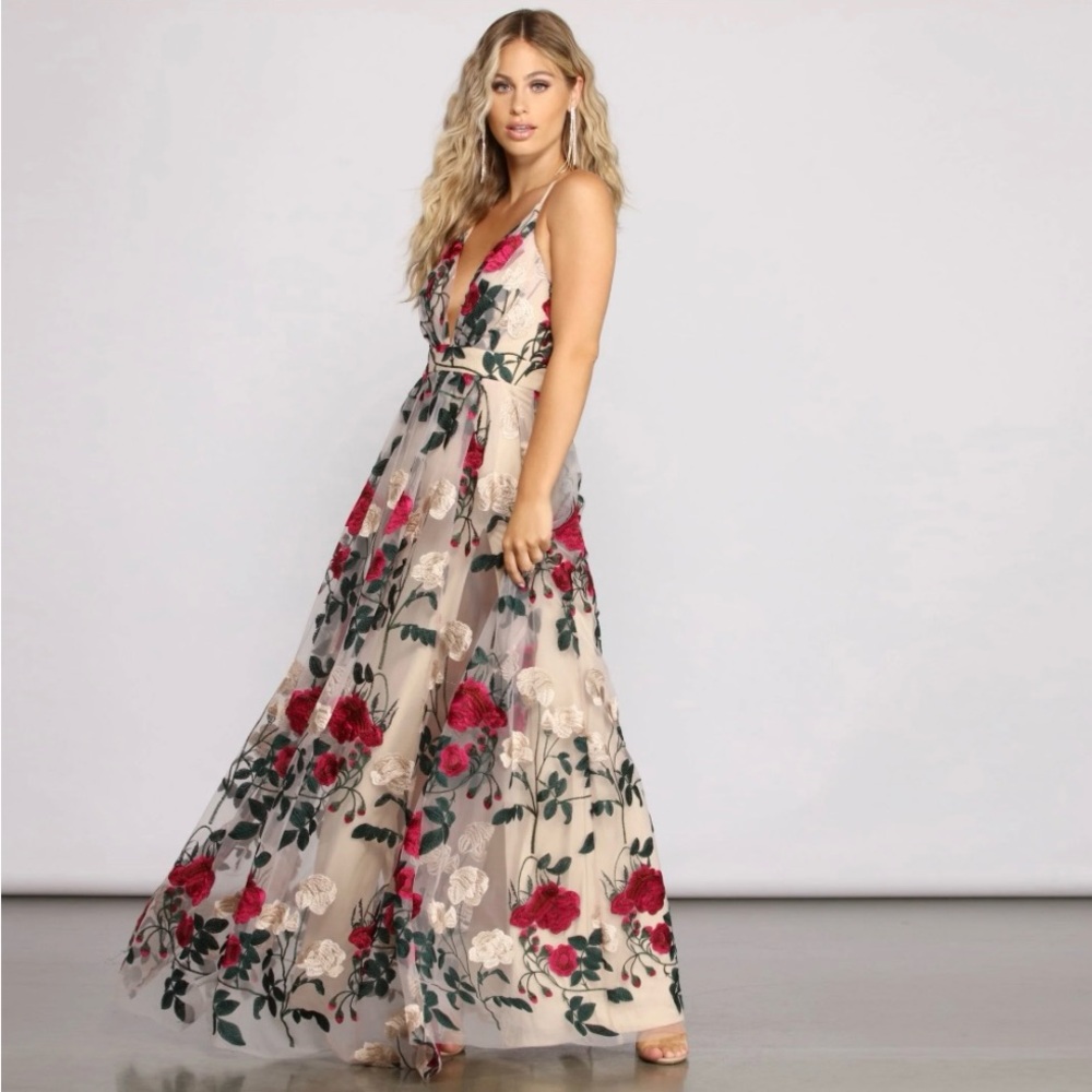 Windsor | Embroidered Floral Tulle Maxi Dress